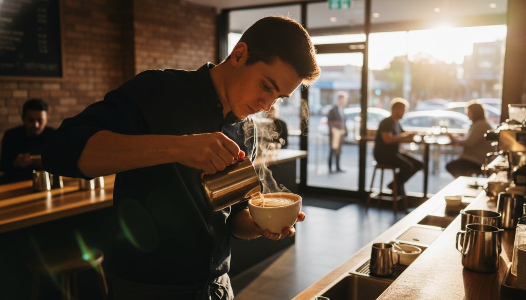 Dynamic wide-angle shot capturing the essence of Mount Waverley commercial photography services for local businesses, showcasing a vibrant café interior with warm, cinematic lighting, and a focused barista crafting a coffee, embodying modern branding.