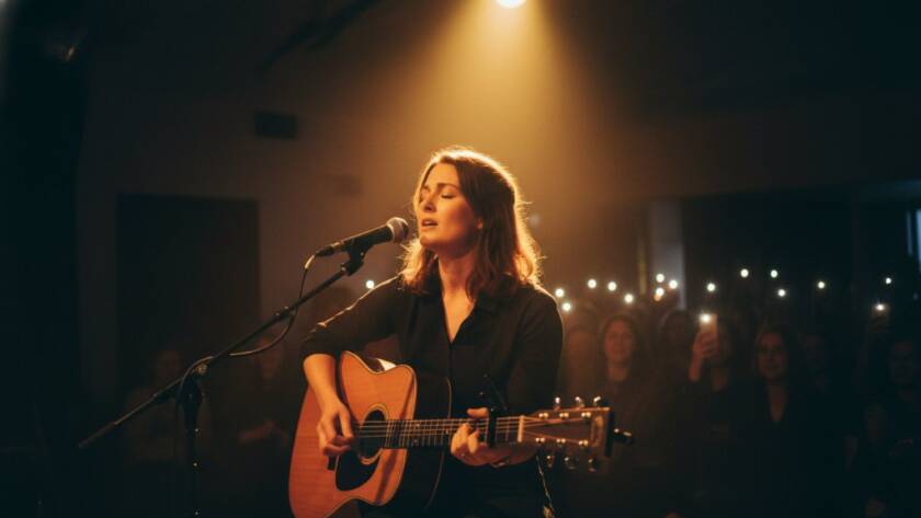 Dynamic shot of a local artist performing an intimate concert in Mount Waverley, bathed in dramatic stage lights, capturing the raw emotion and energy, illustrating Mount Waverley intimate concert photography local artists expertise.