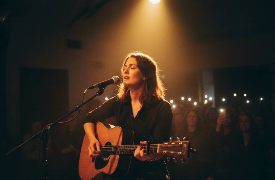 Dynamic shot of a local artist performing an intimate concert in Mount Waverley, bathed in dramatic stage lights, capturing the raw emotion and energy, illustrating Mount Waverley intimate concert photography local artists expertise.