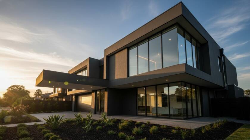 Dramatic, low-angle shot of a stunning modern home in Mount Waverley at twilight, showcasing intricate architectural lines and warm interior lighting. This Mount Waverley modern architectural design photography captures an epic moment of contemporary living.