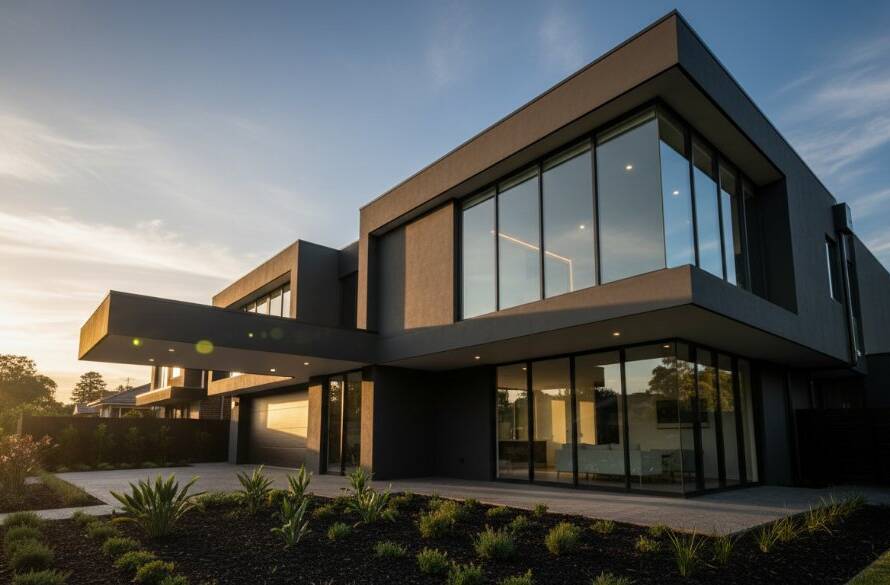Dramatic, low-angle shot of a stunning modern home in Mount Waverley at twilight, showcasing intricate architectural lines and warm interior lighting. This Mount Waverley modern architectural design photography captures an epic moment of contemporary living.
