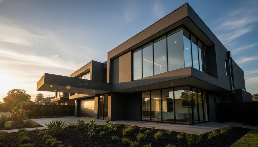 Dramatic, low-angle shot of a stunning modern home in Mount Waverley at twilight, showcasing intricate architectural lines and warm interior lighting. This Mount Waverley modern architectural design photography captures an epic moment of contemporary living.