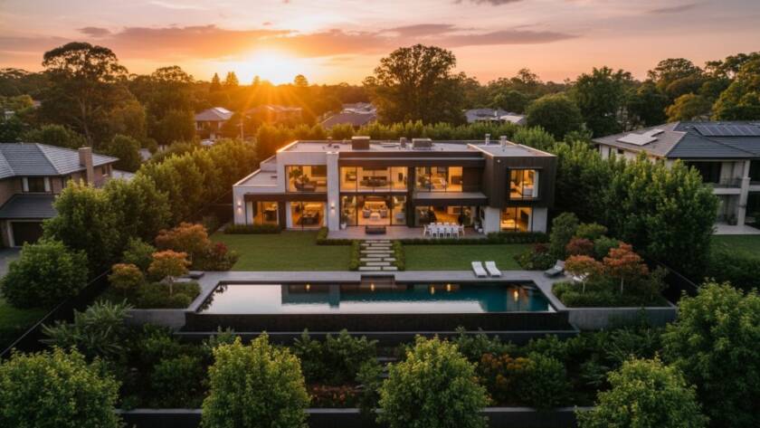 An aerial wide shot capturing a stunning, modern family home in Mount Waverley at twilight, with warm interior lights glowing, perfectly showcasing how Mount Waverley real estate photography elevates property listings, bathed in dramatic golden hour light, reflecting off a meticulously landscaped garden, with Mount Waverley's characteristic leafy streets in the background, professional colour grading.