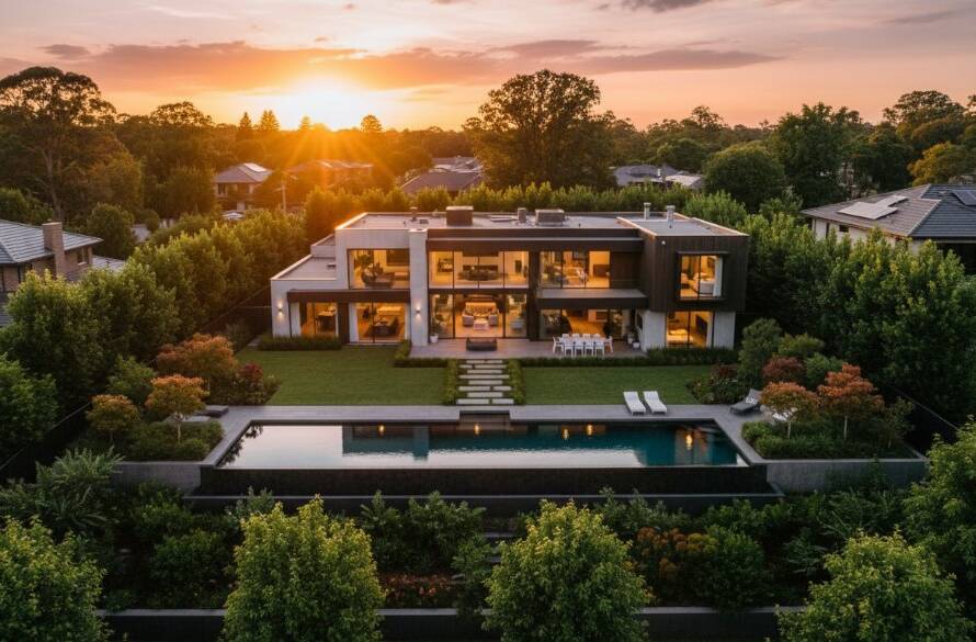 An aerial wide shot capturing a stunning, modern family home in Mount Waverley at twilight, with warm interior lights glowing, perfectly showcasing how Mount Waverley real estate photography elevates property listings, bathed in dramatic golden hour light, reflecting off a meticulously landscaped garden, with Mount Waverley's characteristic leafy streets in the background, professional colour grading.