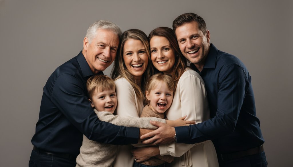 An emotionally resonant, epic moment captured through Mount Waverley studio photography capturing family milestones, featuring a multi-generational family joyfully interacting in a beautifully lit, modern studio setting, with warm, professional colour grading.