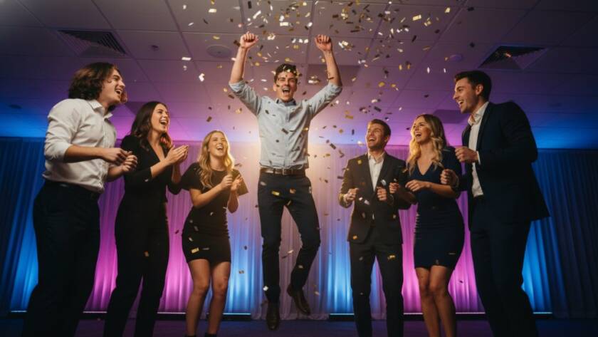 An exhilarating, wide-angle shot of a group of friends laughing and dancing under twinkling lights at a vibrant Mount Waverley party, perfectly illustrating Mount Waverley vibrant party photography capturing candid joy, with confetti mid-air and professional warm lighting illuminating their expressions.