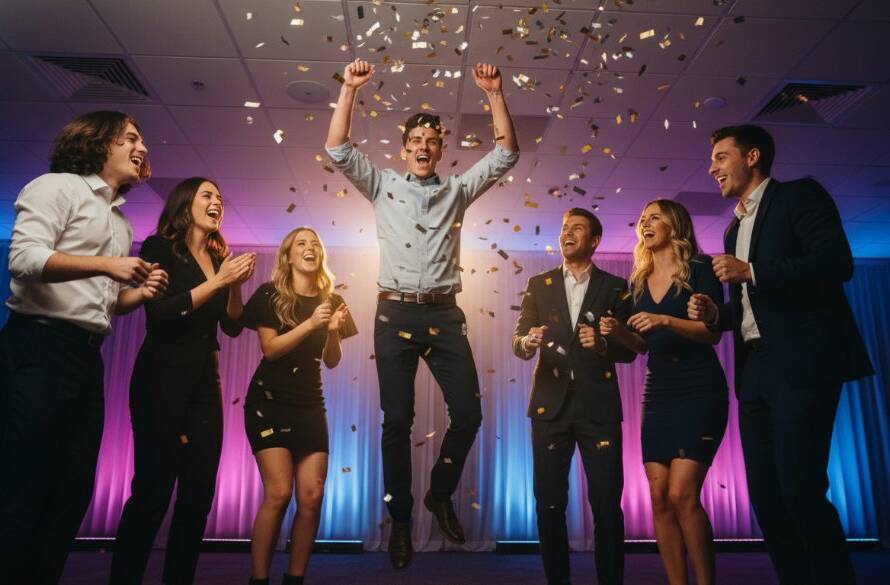 An exhilarating, wide-angle shot of a group of friends laughing and dancing under twinkling lights at a vibrant Mount Waverley party, perfectly illustrating Mount Waverley vibrant party photography capturing candid joy, with confetti mid-air and professional warm lighting illuminating their expressions.