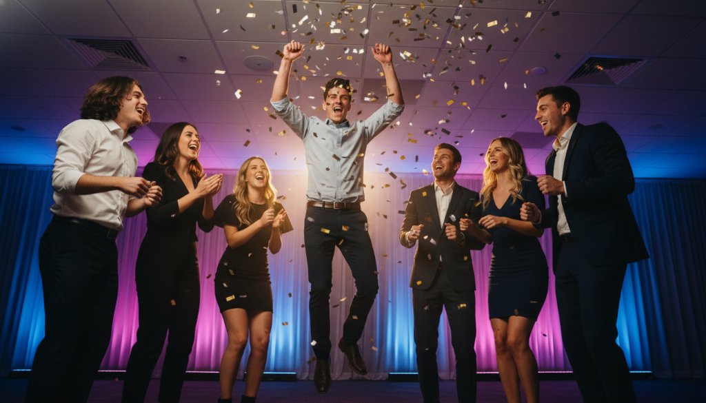 An exhilarating, wide-angle shot of a group of friends laughing and dancing under twinkling lights at a vibrant Mount Waverley party, perfectly illustrating Mount Waverley vibrant party photography capturing candid joy, with confetti mid-air and professional warm lighting illuminating their expressions.