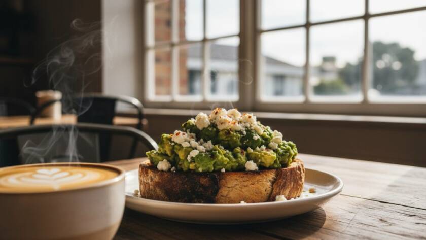 An exquisite, close-up shot of a perfectly plated gourmet brunch dish, dramatically lit on a rustic timber table inside a stylish Ringwood North cafe, showcasing the vibrant colours and textures that exemplify mouthwatering Ringwood North cafe food photography, with soft bokeh background of a bustling cafe interior.