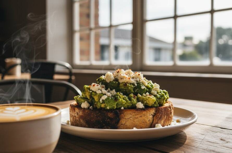An exquisite, close-up shot of a perfectly plated gourmet brunch dish, dramatically lit on a rustic timber table inside a stylish Ringwood North cafe, showcasing the vibrant colours and textures that exemplify mouthwatering Ringwood North cafe food photography, with soft bokeh background of a bustling cafe interior.