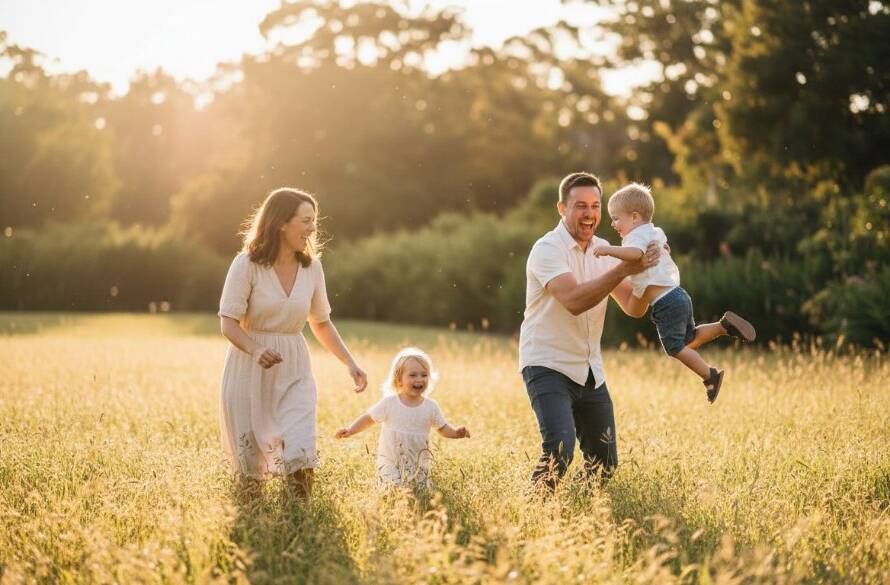 A heartwarming, sun-drenched Mulgrave candid family photography capturing genuine joy scene, with parents playfully swinging their child amidst the vibrant greenery of a local park at sunset, showcasing pure, unscripted happiness.