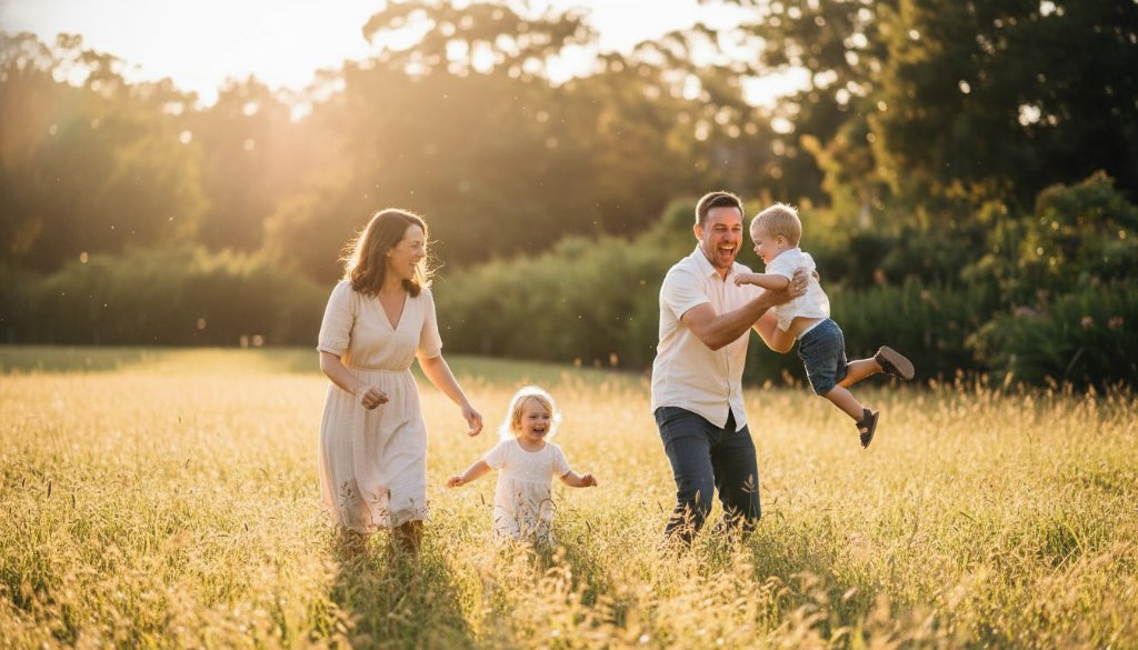 A heartwarming, sun-drenched Mulgrave candid family photography capturing genuine joy scene, with parents playfully swinging their child amidst the vibrant greenery of a local park at sunset, showcasing pure, unscripted happiness.