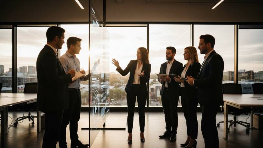 Epic moment capture of a dynamic small business team collaborating in a modern office space in Mulgrave, featuring a professional photographer at work, showcasing the power of Mulgrave commercial photography for local small businesses, dramatic lighting highlighting innovation.