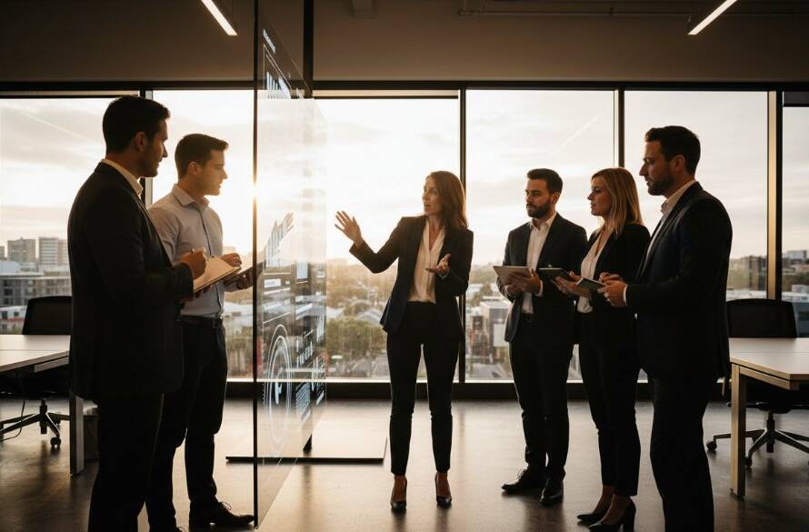 Epic moment capture of a dynamic small business team collaborating in a modern office space in Mulgrave, featuring a professional photographer at work, showcasing the power of Mulgrave commercial photography for local small businesses, dramatic lighting highlighting innovation.