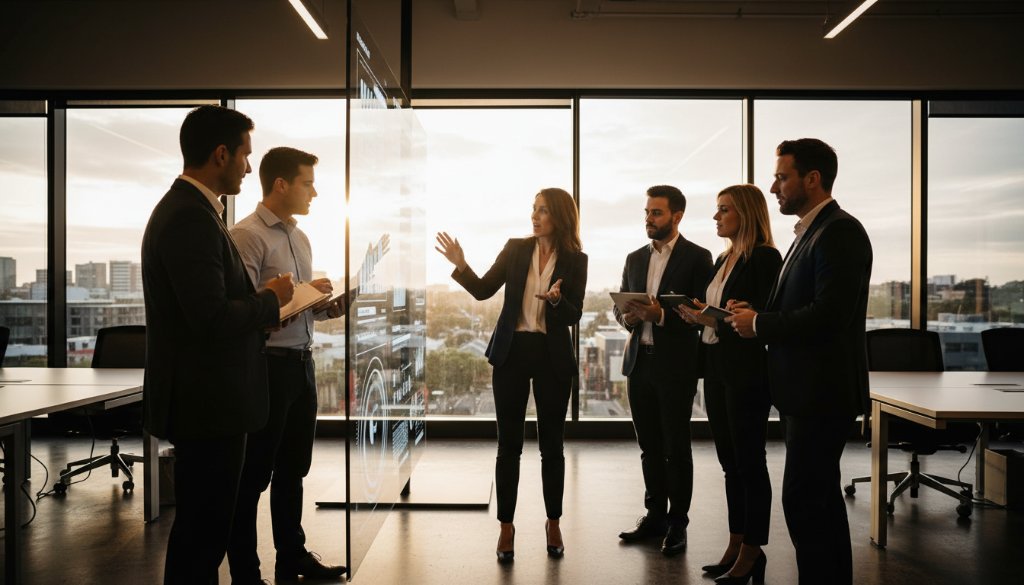 Epic moment capture of a dynamic small business team collaborating in a modern office space in Mulgrave, featuring a professional photographer at work, showcasing the power of Mulgrave commercial photography for local small businesses, dramatic lighting highlighting innovation.