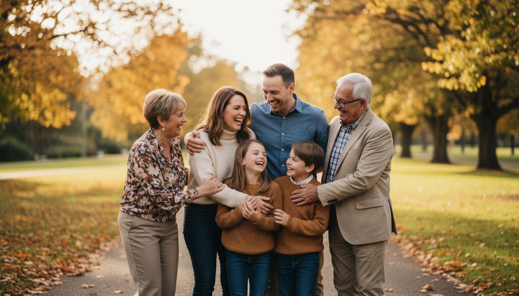 A heartwarming, professionally colour-graded photograph capturing Mulgrave family photography natural moments, with a family laughing together in a sun-drenched park in Mulgrave, dramatic golden hour light, shallow depth of field, epic moment.