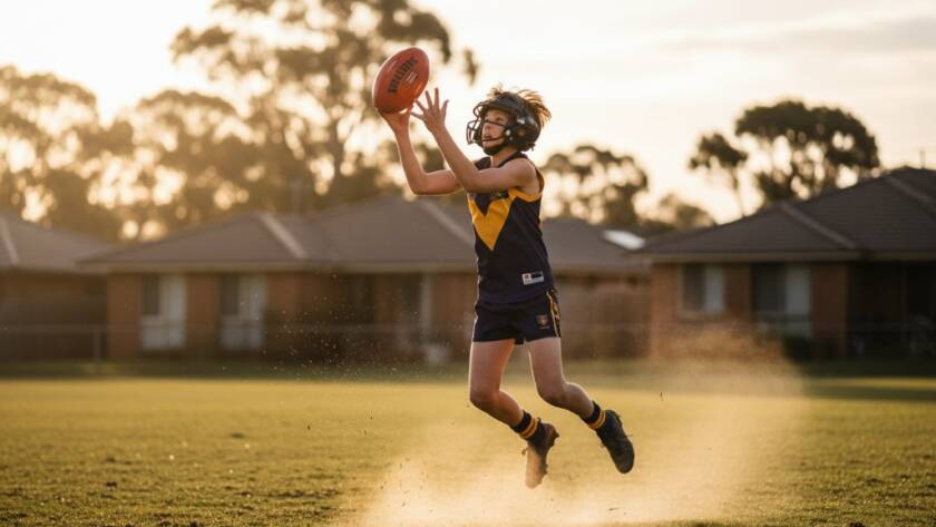 Mulgrave junior sports photography capturing raw emotion: A young footballer leaps to head the ball in a dramatic, sun-drenched moment on a Mulgrave oval, capturing intense focus and athletic grace.