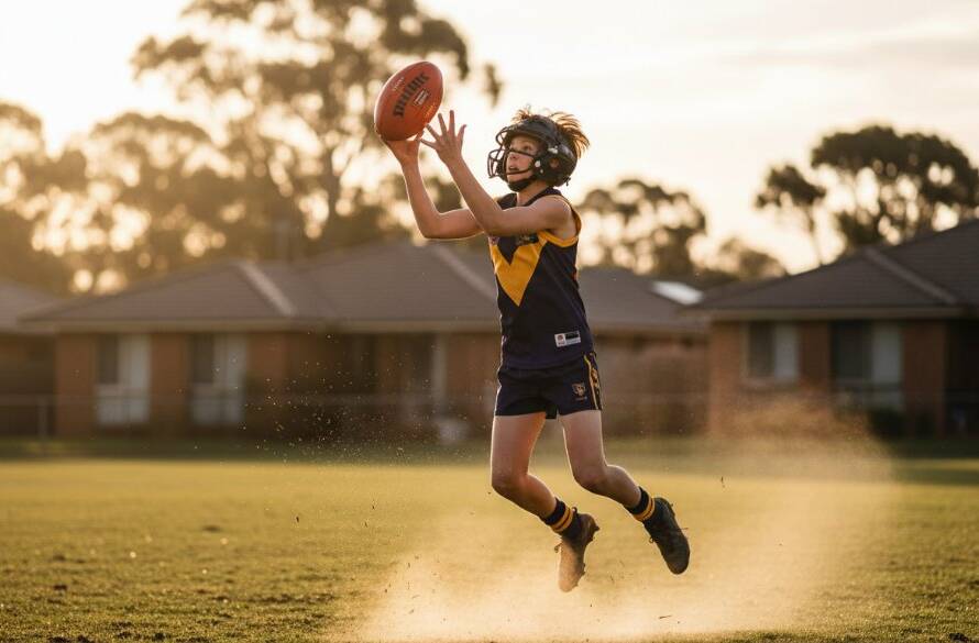 Mulgrave junior sports photography capturing raw emotion: A young footballer leaps to head the ball in a dramatic, sun-drenched moment on a Mulgrave oval, capturing intense focus and athletic grace.