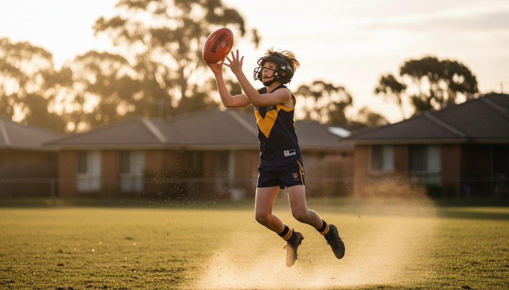 Mulgrave junior sports photography capturing raw emotion: A young footballer leaps to head the ball in a dramatic, sun-drenched moment on a Mulgrave oval, capturing intense focus and athletic grace.