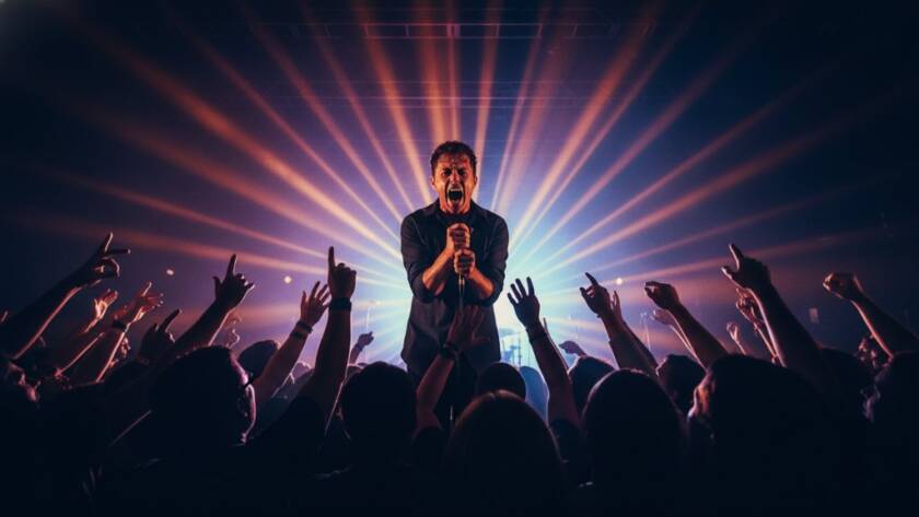 A dynamic and vibrant photograph showcasing Mulgrave live music photography expertise, capturing a guitarist mid-shred under dramatic stage lights with a cheering crowd blurred in the background, conveying intense energy and emotion.