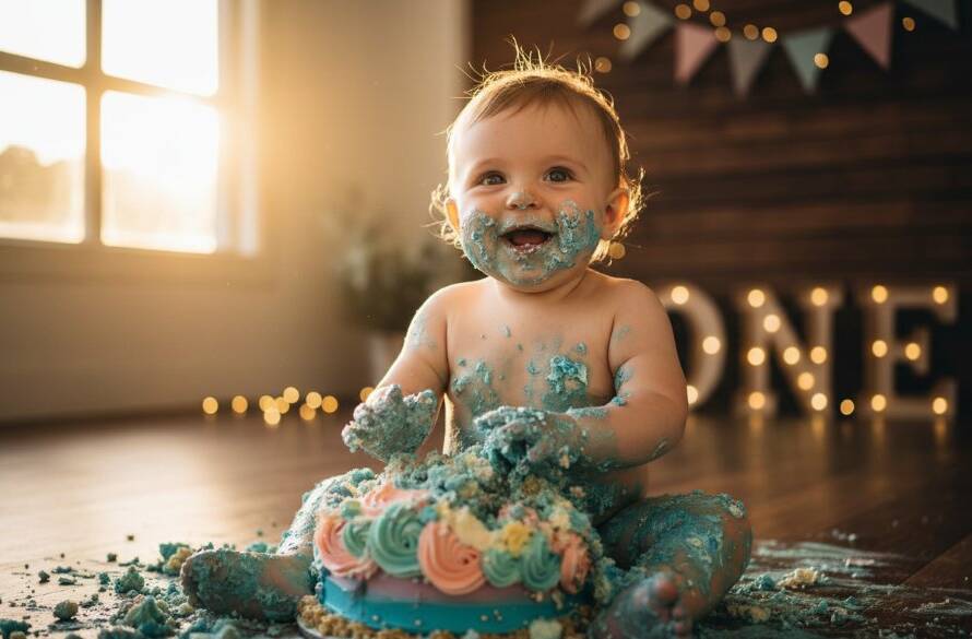 An epic moment of pure joy and delightful mess during a Mulgrave Victoria cake smash photography memorable first birthday session, featuring a baby gleefully covered in frosting, captured with dramatic lighting.