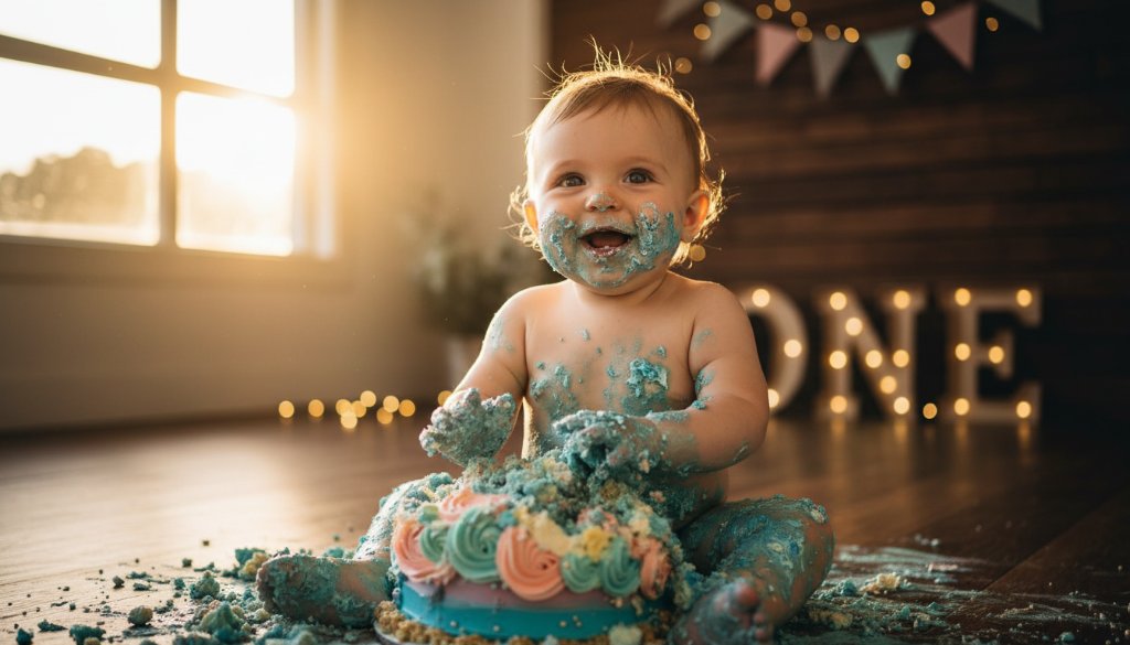 An epic moment of pure joy and delightful mess during a Mulgrave Victoria cake smash photography memorable first birthday session, featuring a baby gleefully covered in frosting, captured with dramatic lighting.