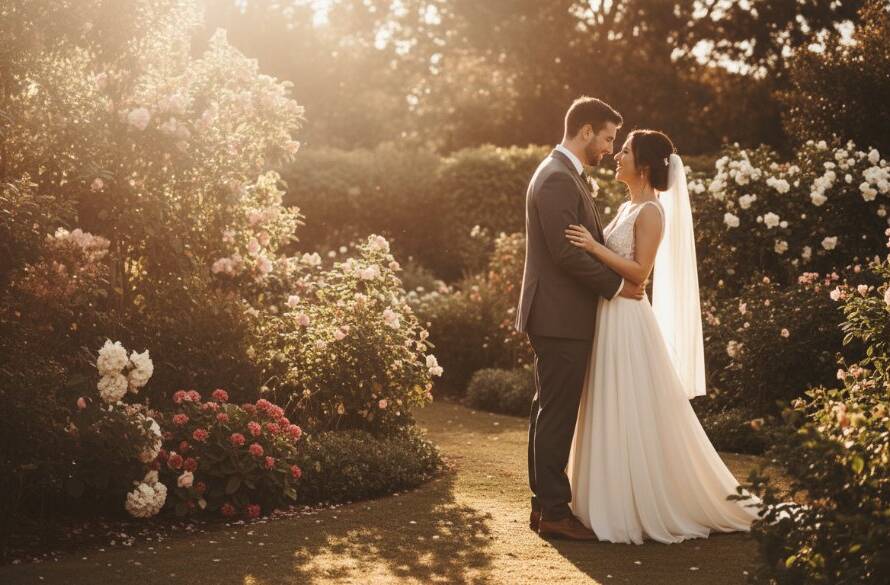 A beautifully composed 'Mulgrave Victoria candid wedding photography' shot of a newly married couple sharing a genuine, joyful laugh during their golden hour portrait session in a picturesque Mulgrave garden, dramatic sunflare adding warmth to this epic moment.