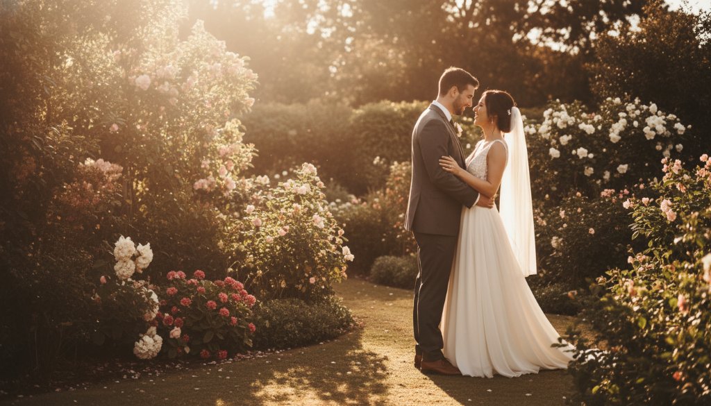 A beautifully composed 'Mulgrave Victoria candid wedding photography' shot of a newly married couple sharing a genuine, joyful laugh during their golden hour portrait session in a picturesque Mulgrave garden, dramatic sunflare adding warmth to this epic moment.