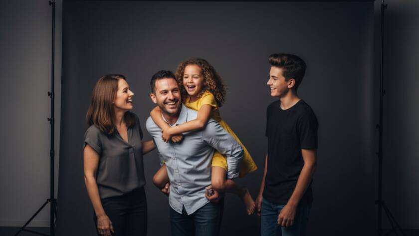 A dramatic, professionally lit studio portrait of a joyful family in Mulgrave Victoria, showcasing creative studio portrait photography with warm, cinematic tones and dynamic composition, capturing an authentic, epic moment.