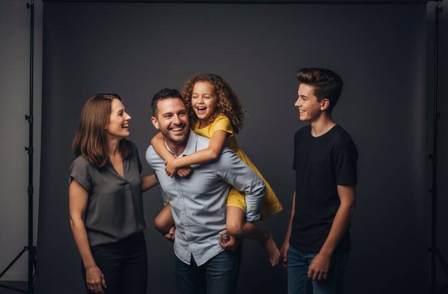 A dramatic, professionally lit studio portrait of a joyful family in Mulgrave Victoria, showcasing creative studio portrait photography with warm, cinematic tones and dynamic composition, capturing an authentic, epic moment.