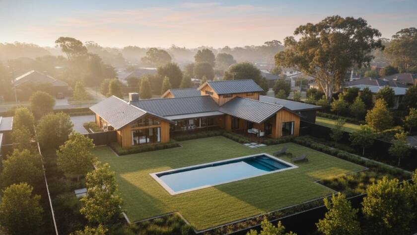 An breathtaking aerial shot captured via Mulgrave Victoria drone photography for stunning property marketing, showing a modern home nestled amongst lush green gardens with dramatic morning light, highlighting its architecture and surrounding landscape from an epic, high-angle perspective.