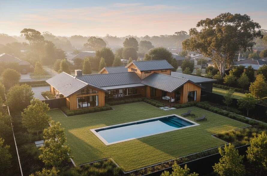 An breathtaking aerial shot captured via Mulgrave Victoria drone photography for stunning property marketing, showing a modern home nestled amongst lush green gardens with dramatic morning light, highlighting its architecture and surrounding landscape from an epic, high-angle perspective.