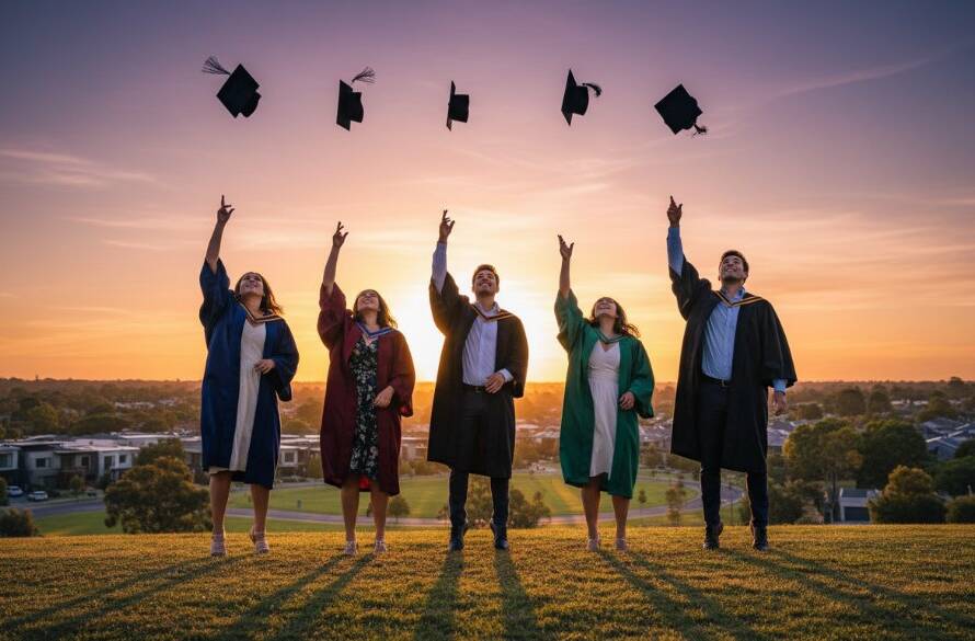 A group of joyful graduates tossing their caps into the air at sunset, celebrating their academic success with Mulgrave Victoria graduation photography cherished memories, capturing an epic moment of triumph with dramatic lighting.