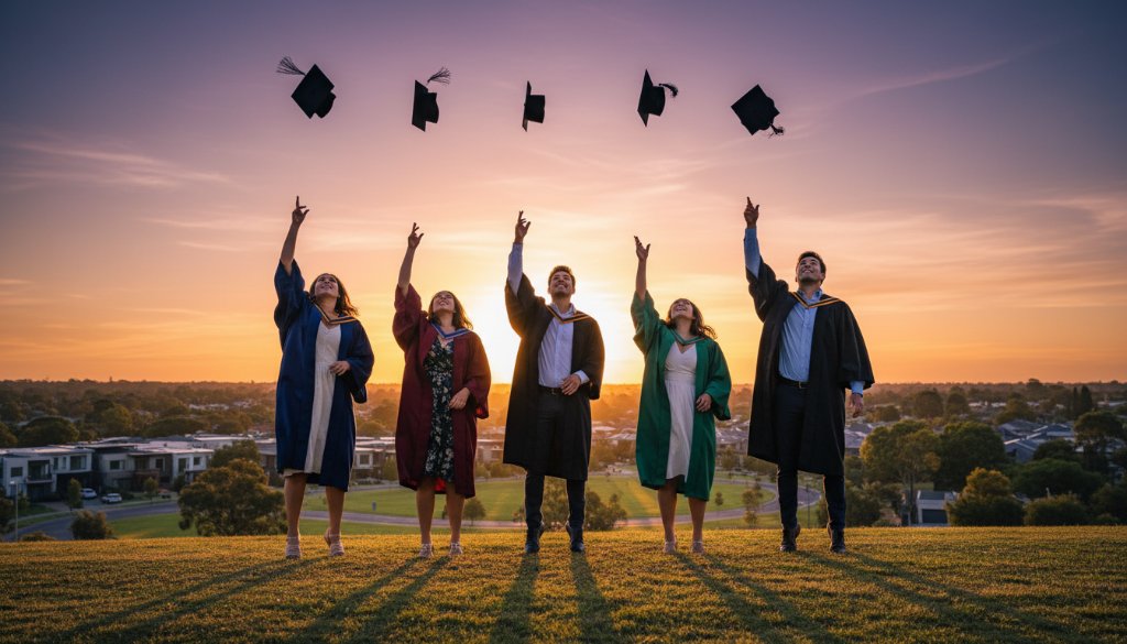 A group of joyful graduates tossing their caps into the air at sunset, celebrating their academic success with Mulgrave Victoria graduation photography cherished memories, capturing an epic moment of triumph with dramatic lighting.