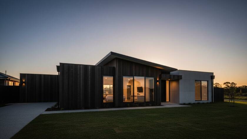 A stunning, low-angle shot of a contemporary Murrumbeena architectural masterpiece, showcasing its clean lines and reflective surfaces under a dramatic sunrise, epitomising Murrumbeena architectural photography capturing modern charm.