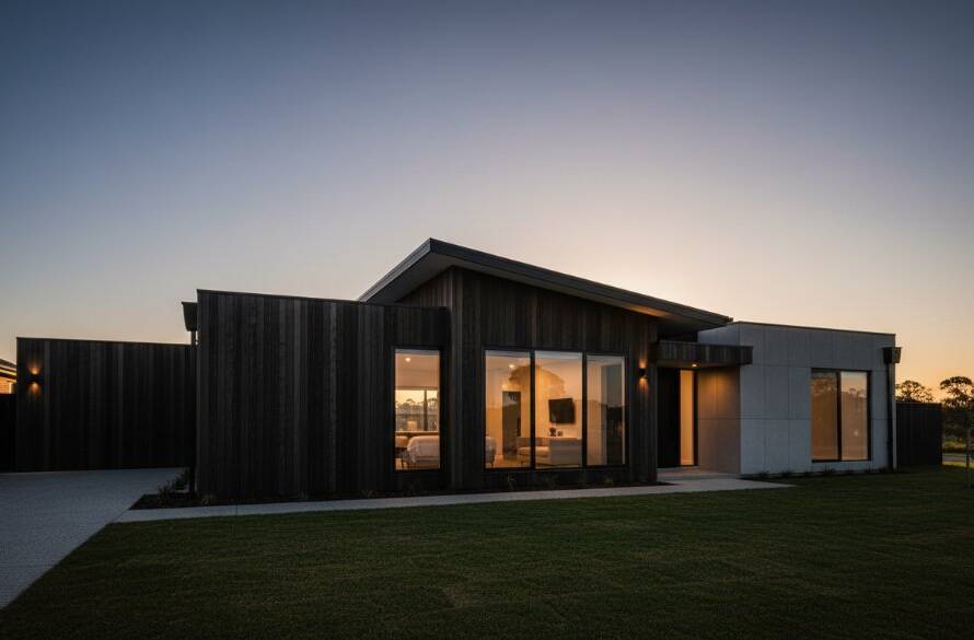 A stunning, low-angle shot of a contemporary Murrumbeena architectural masterpiece, showcasing its clean lines and reflective surfaces under a dramatic sunrise, epitomising Murrumbeena architectural photography capturing modern charm.