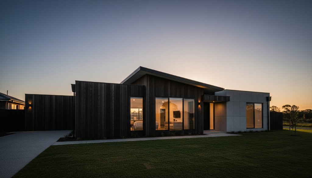 A stunning, low-angle shot of a contemporary Murrumbeena architectural masterpiece, showcasing its clean lines and reflective surfaces under a dramatic sunrise, epitomising Murrumbeena architectural photography capturing modern charm.