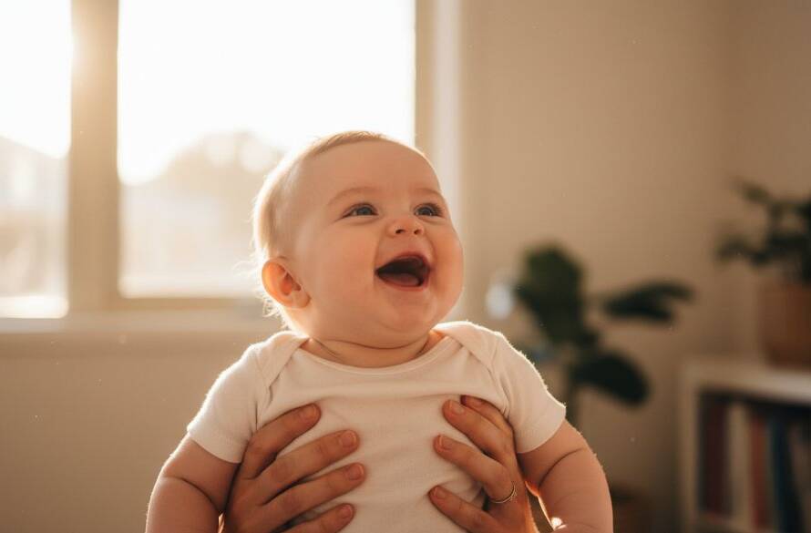 An enchanting, professionally lit photograph showcasing Murrumbeena baby photography capturing genuine smiles, featuring a joyful baby interacting with parents in a sunlit Murrumbeena home.