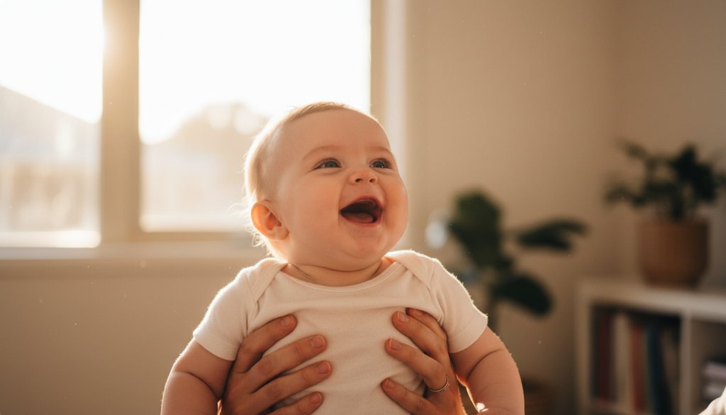 An enchanting, professionally lit photograph showcasing Murrumbeena baby photography capturing genuine smiles, featuring a joyful baby interacting with parents in a sunlit Murrumbeena home.