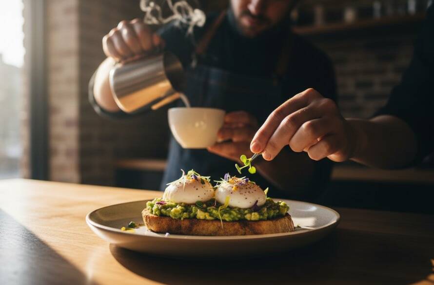 Dynamic overhead shot showcasing intricate Murrumbeena cafe food photography styling for a gourmet brunch dish, dramatically lit to highlight steam rising from fresh coffee and vibrant colours of smashed avocado toast, captured in a warm, inviting Murrumbeena cafe setting.