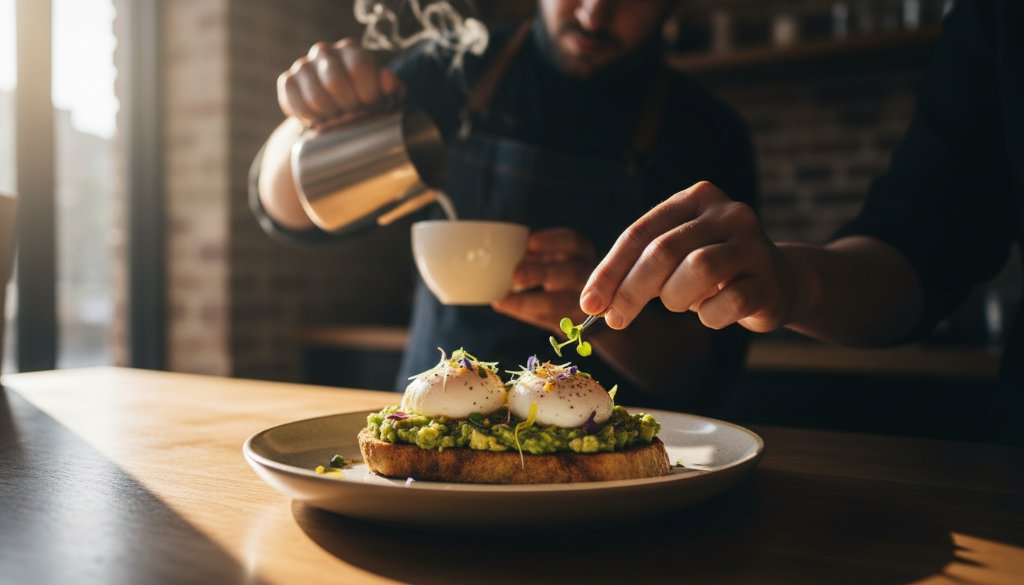 Dynamic overhead shot showcasing intricate Murrumbeena cafe food photography styling for a gourmet brunch dish, dramatically lit to highlight steam rising from fresh coffee and vibrant colours of smashed avocado toast, captured in a warm, inviting Murrumbeena cafe setting.