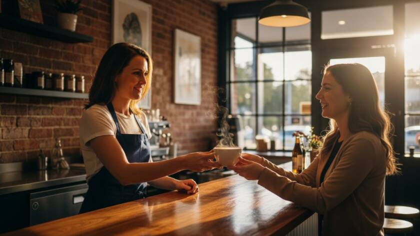 Dynamic wide-angle shot featuring professional Murrumbeena Commercial Photography for Local Business Growth, showcasing a local Murrumbeena cafe owner proudly presenting a freshly brewed coffee to a smiling customer, captured with dramatic, warm lighting, highlighting their interaction and the vibrant interior.