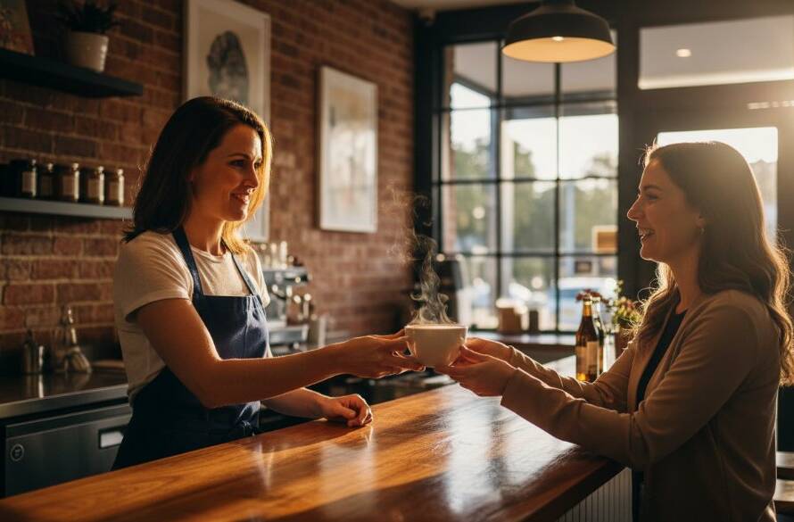 Dynamic wide-angle shot featuring professional Murrumbeena Commercial Photography for Local Business Growth, showcasing a local Murrumbeena cafe owner proudly presenting a freshly brewed coffee to a smiling customer, captured with dramatic, warm lighting, highlighting their interaction and the vibrant interior.