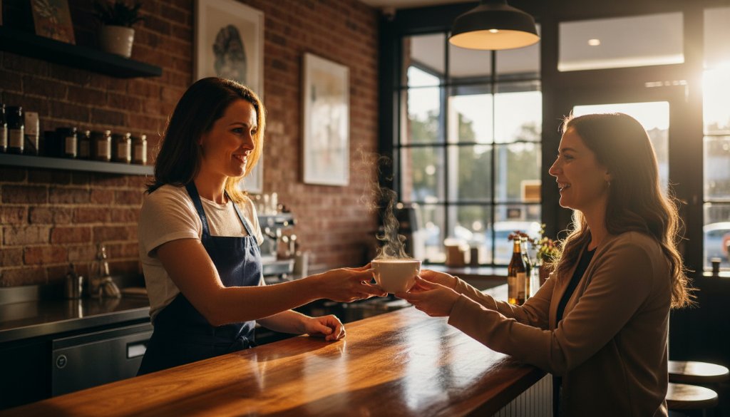 Dynamic wide-angle shot featuring professional Murrumbeena Commercial Photography for Local Business Growth, showcasing a local Murrumbeena cafe owner proudly presenting a freshly brewed coffee to a smiling customer, captured with dramatic, warm lighting, highlighting their interaction and the vibrant interior.