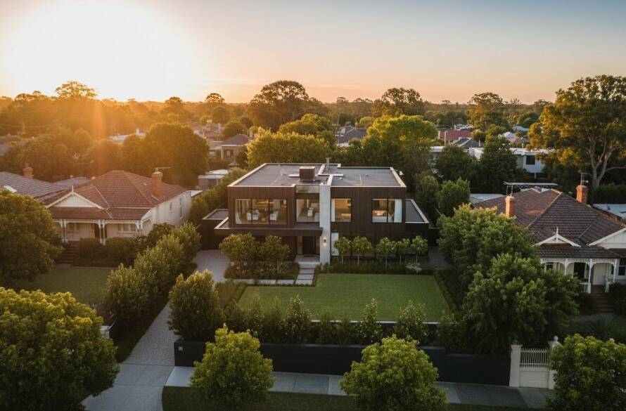 An epic aerial drone shot showcasing a beautifully designed modern home in Murrumbeena, Victoria, at sunset, surrounded by lush green gardens and a vibrant Murrumbeena streetscape, illustrating expert Murrumbeena drone photography for stunning property showcases.