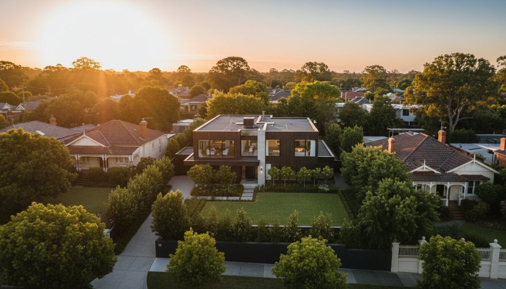 An epic aerial drone shot showcasing a beautifully designed modern home in Murrumbeena, Victoria, at sunset, surrounded by lush green gardens and a vibrant Murrumbeena streetscape, illustrating expert Murrumbeena drone photography for stunning property showcases.