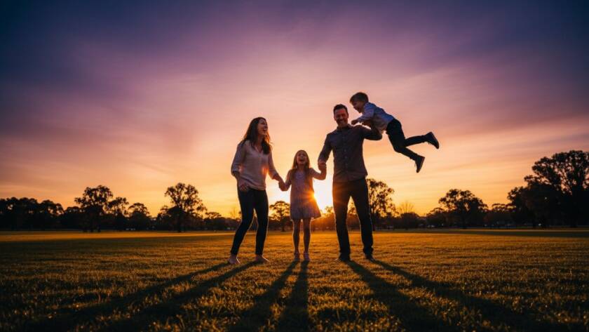 A heartwarming Murrumbeena family photography capturing genuine moments, parents laughing with their children during a golden hour picnic at Murrumbeena Park, dramatic backlighting, professional colour grading, cinematic composition.