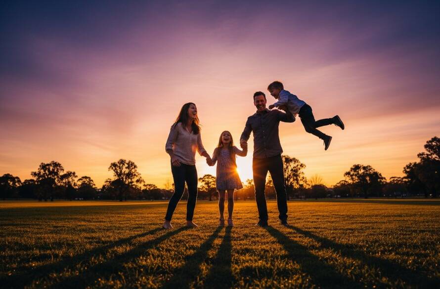 A heartwarming Murrumbeena family photography capturing genuine moments, parents laughing with their children during a golden hour picnic at Murrumbeena Park, dramatic backlighting, professional colour grading, cinematic composition.