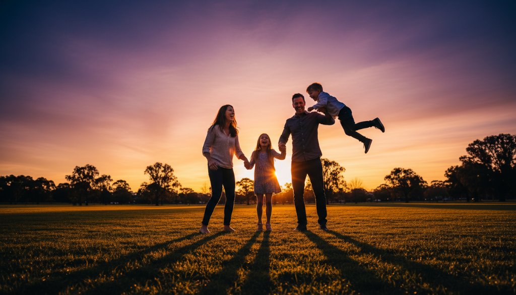 A heartwarming Murrumbeena family photography capturing genuine moments, parents laughing with their children during a golden hour picnic at Murrumbeena Park, dramatic backlighting, professional colour grading, cinematic composition.