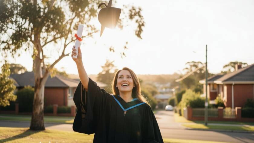A triumphant graduate, beaming with joy, throws their cap into the air against a sunset sky over Murrumbeena, perfectly capturing Murrumbeena graduation photography unique portraits with dramatic lighting.